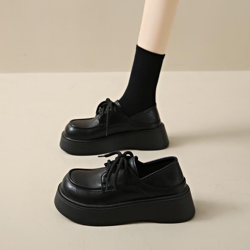 Retro British Style Lace-up Single Shoes Loafers 2025 Black Platform Small Leather Shoes Women's Muffin Versatile Spring New Models