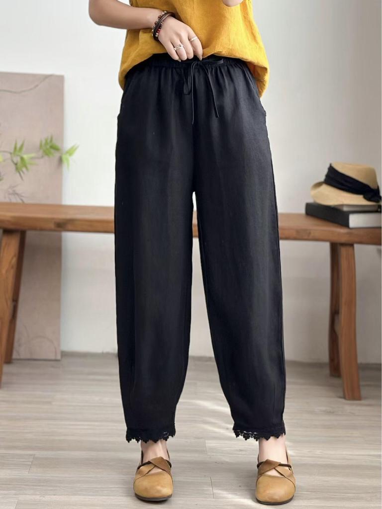 2026 Spring Women's Loose Linen Casual Harem Pants - Slimming, Versatile, Solid Color, Elastic Waist.