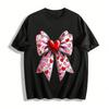 Heart Pattern Bow Decor Sweet Casual Short Sleeve Top Pure Cotton T-shirt