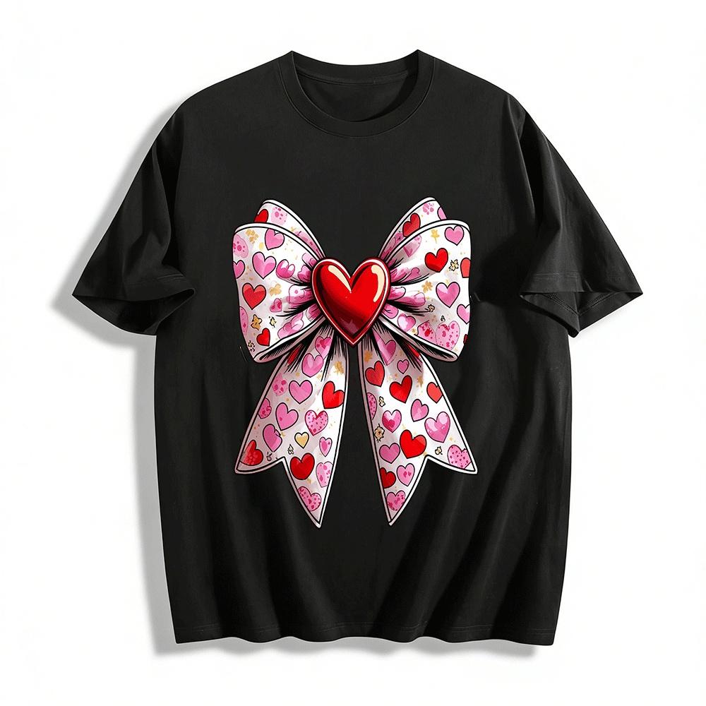 

Heart Pattern Bow Decor Sweet Casual Short Sleeve Top Pure cotton T-shirt XXS