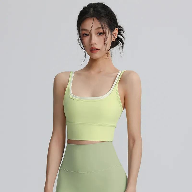 Women's Contrast Trim Double Layer Sports Bra Padded Yoga Crop Top with Adjustable Straps