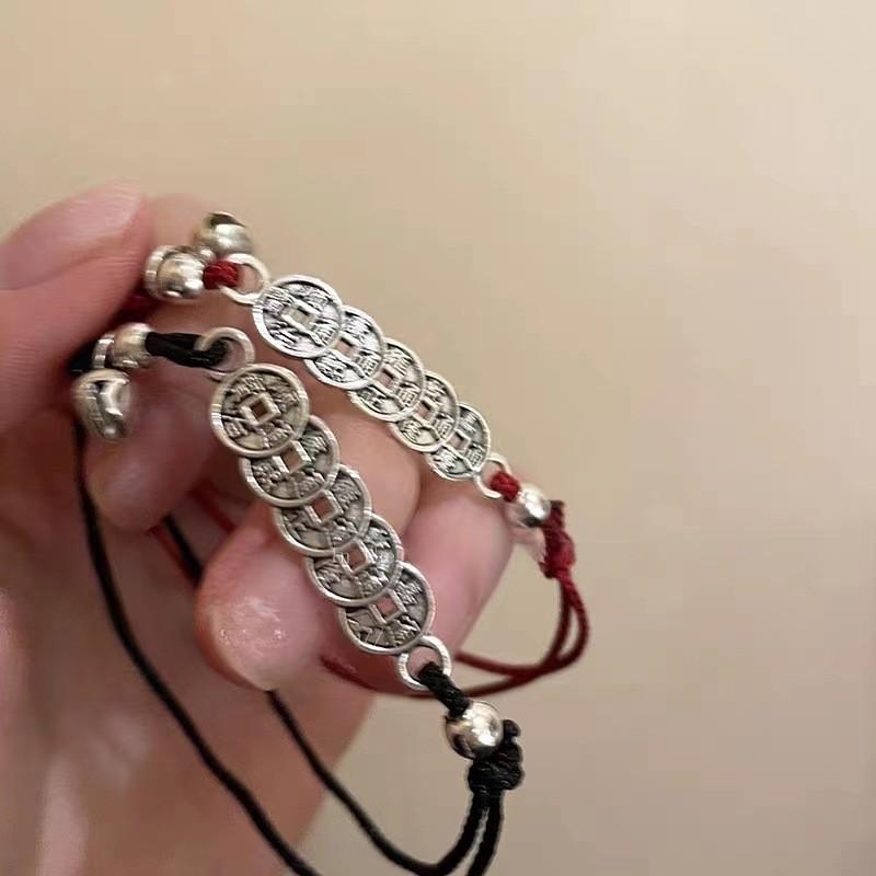 Stylish Chinese Red String Bracelet With Five Emperor Coins Plated Unisex Alloy
