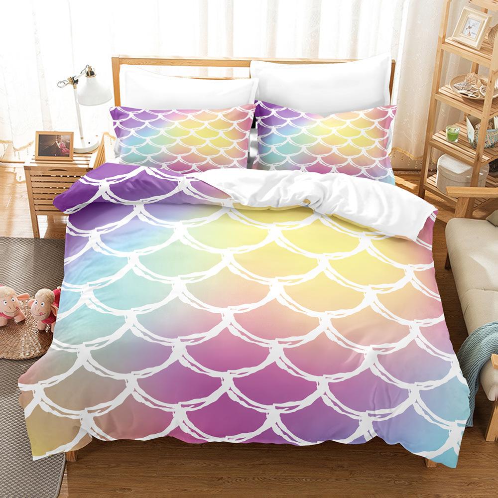 Laser Gradual Change Fish Scale 3D Digital Printing Three-Piece Set, Quilt Cover Pillowcase