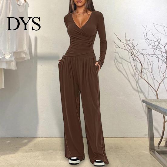 Stilvoller lockerer Damenanzug Damen 2-teiliges Loungewear-Set V-Ausschnitt Langarm-Oberteil Einfaches einfarbiges Outfit Und Weitbeinige Hosen Set Frühling Herbst Freizeit