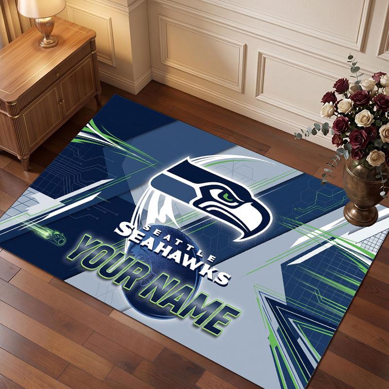 Seattle Seahawks Personalisierter Kristall-Samt-Teppich, Benutzerdefinierter Namens-Text Weicher Anti-Rutsch-Teppich für Wohnzimmer Schlafzimmer