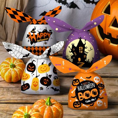 Lot de 50 sachets à bonbons d'Halloween en forme d'oreilles de lapin, motifs d'araignée amusants, sachets d'emballage pour biscuits et fantômes, fournitures de fête d'Halloween