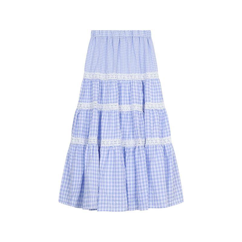 

Kumikumi Blue Plaid Lace Stitching Skirt Blue lace plaid skirt One size