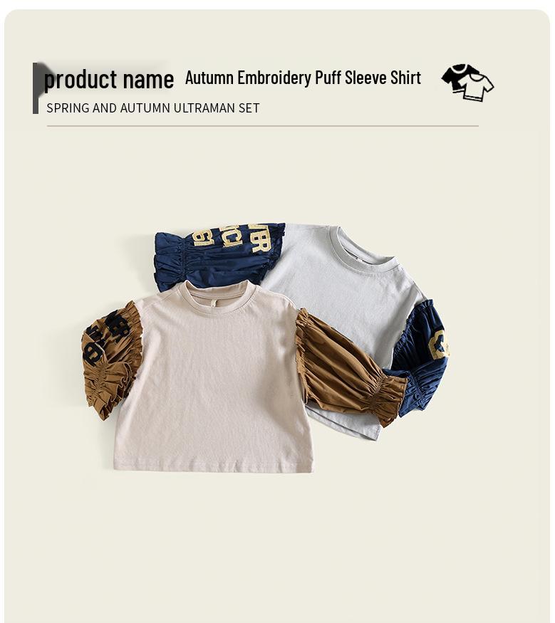 2025 Autumn Girls' Embroidered Puff Sleeve Linen Cotton Shirt