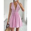 Women's Fashionable Sexy Striped Deep V-Neck Adjustable Tie Sleeveless Mini Dress for Beach and Parties