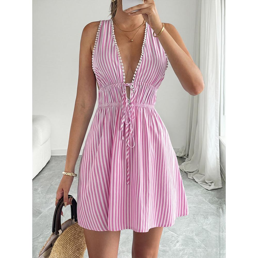 Women's Fashionable Sexy Striped Deep V-Neck Adjustable Tie Sleeveless Mini Dress for Beach and Parties