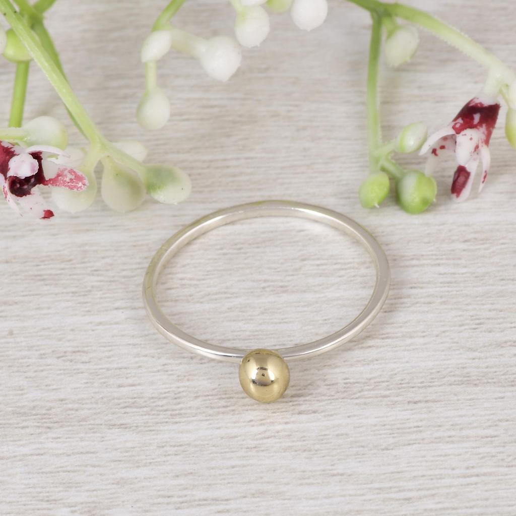 Two Tone Brass Ball Ring 925 Sterling Silver Minimalist Stacking Ring, Gift for Her, Love, Anniversary.