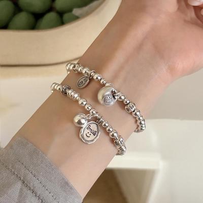 Pulsera con Charms de Cara Sonriente de Plata de Ley 925 con Borla de Carácter Fu - Accesorio Versátil de Alta Gama para Mujer