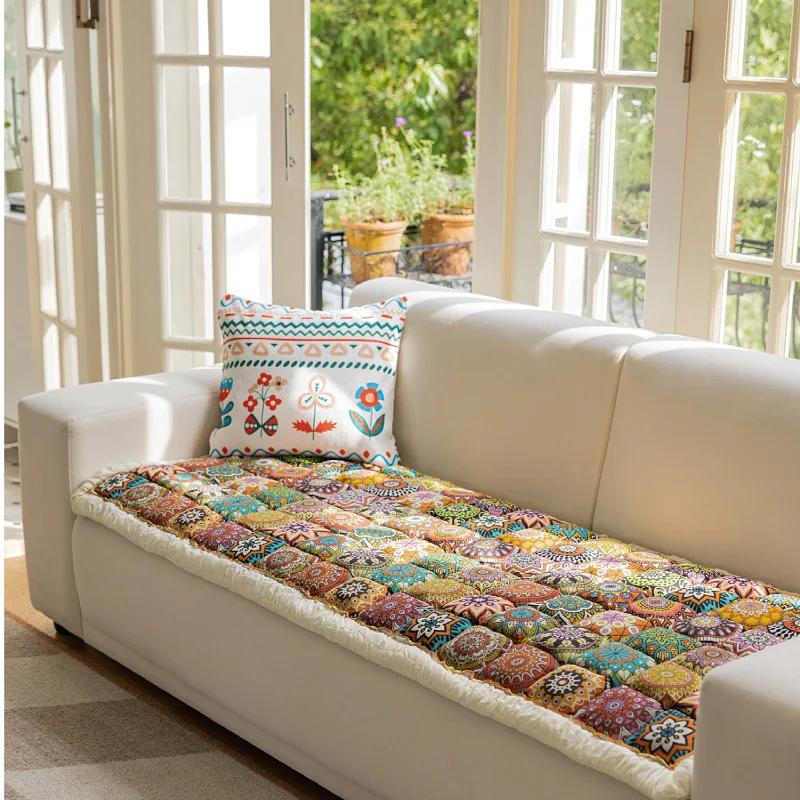 New Bohemian Pure Cotton Couch Cushion Universal for All Seasons Sofa Mat Home Mat Decor Non-slip Rectangular Seat Couch Cushion