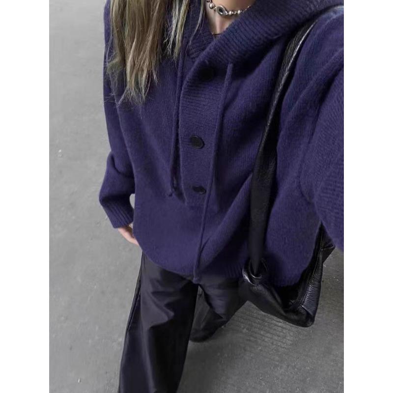 Autumn and Winter New Retro Hooded Knitted Sweater Women's Solid Color Casual Loose Lazy Wind Long Sleeve Pullover Sweater Thick