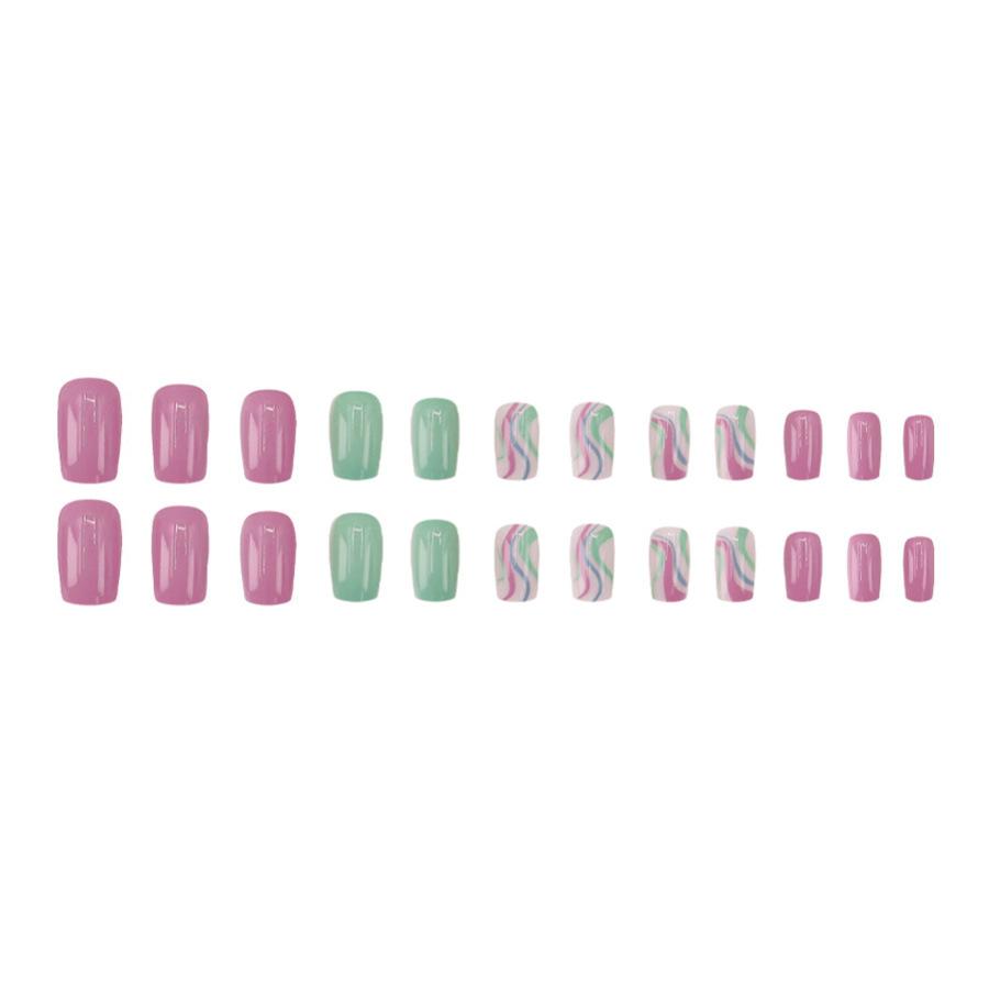 24 Pieces Simple Corrugated Small Fresh Pink Green Mandarin Duck Dopamine Nail Art Tablets Cute Niche Temperament Wearing Nail