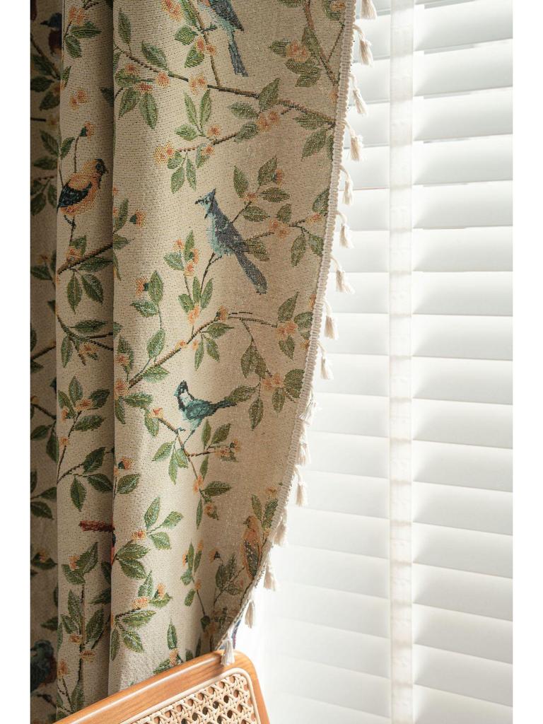 Imanqi Yun Jacquard Floral & Bird Pattern Semi-Blackout Curtains for Bay Windows & Kitchens