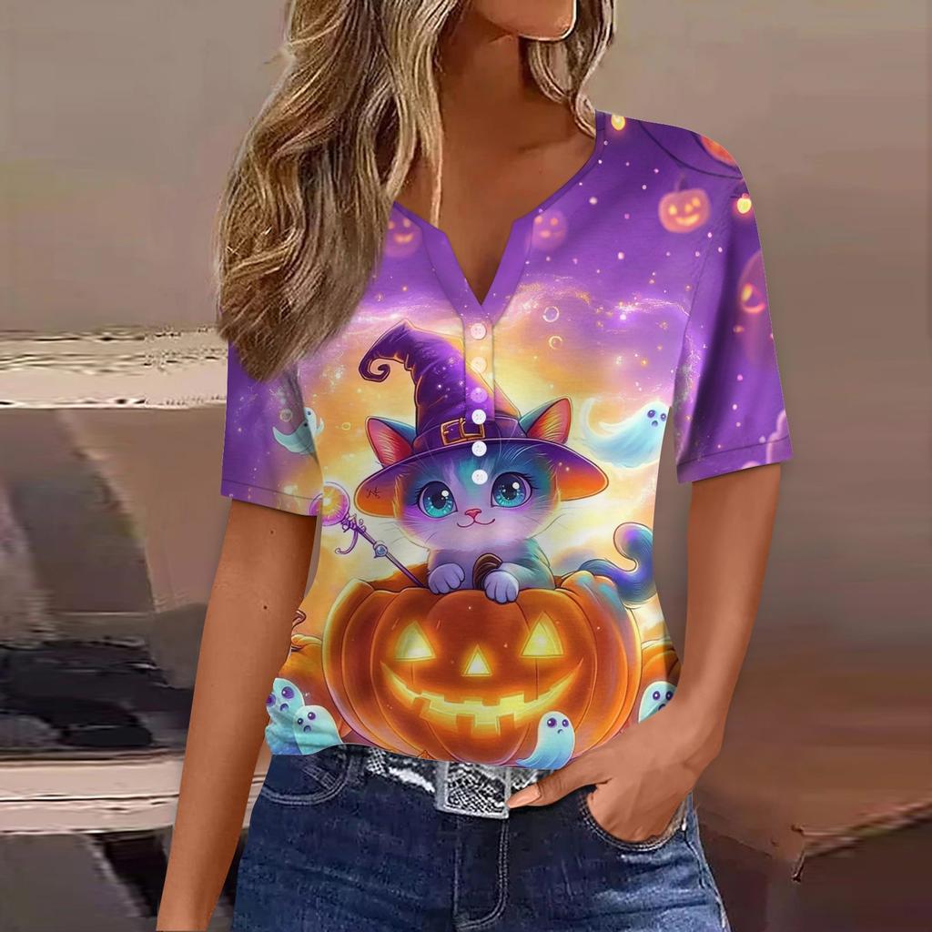 Dames T-skjorte Tee Halloween Trykket Knapp Kortermet Tunika Daglig Helgemote Basic V-hals Vanlig Topp