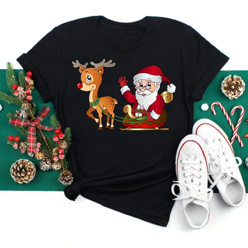 Merry Christmas Women's Fashion Santa Claus with Deer Women O-Neck Top Girls Lucky Deer T-shirts Harajuku Short Sleeve Casual