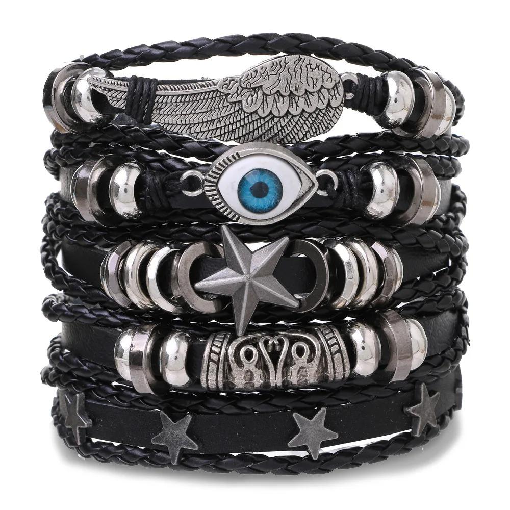1 Mode-Armband Wikinger-Armband Für Männer Handgelenk-Armbänder Geflochtenes Totenkopf-Hand-Schmuckstück Verstellbares Leder-Set-Armband Für Leder