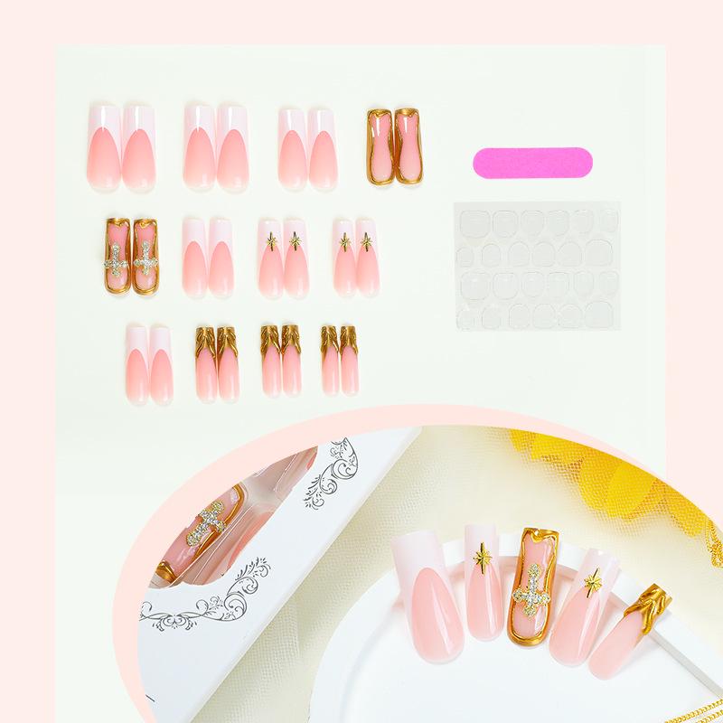 

Ручная работа Золотые Французские кончики Длинные ногти - 3D Рельефный Цветочный Дизайн с Алмазным Крестом, Осенняя Коллекция