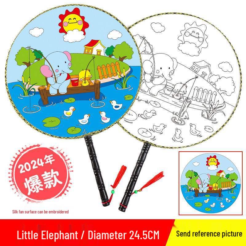 DIY Children's Silk Cloth Round Fan with Bamboo Handle - Palace Style Hand-Painted Kindergarten Craft