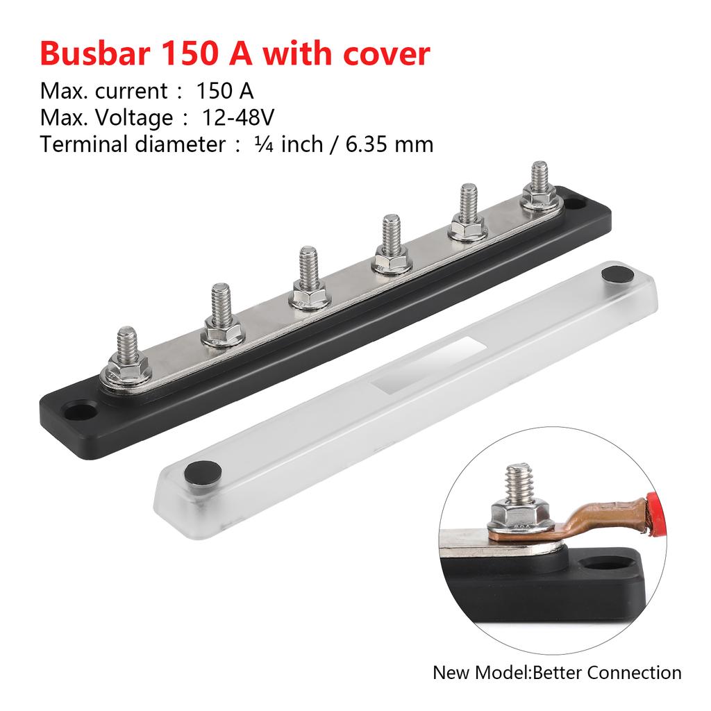 Power Distribution Block 6 x 1/4 Studs Black 12V-36V 150A M6 6 Position with Cover 10-32 Brass Studs Nuts For Automotive Marine