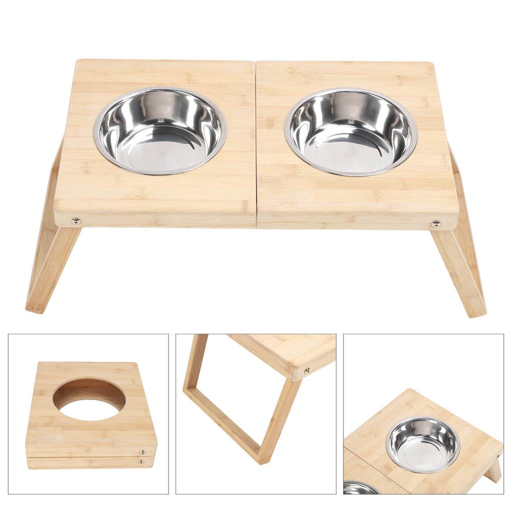 Elevated Cat Bowls Stand Multipurpose Double Stainless Steel Bamboo Raised Dog Bowl for Cats Dogs Pets