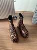 2024 Winter Height Increase 9cm Leopard Pattern Back Zipper Square Head Thick Bottom Shoes Women Retro Versatile Botas Mujer