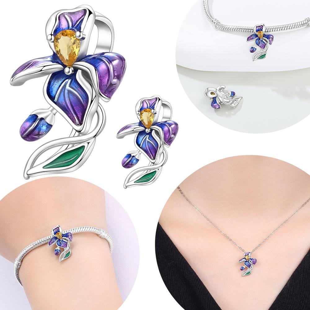 Charms Copper Original Flower Blue-Purple Iris Plant Garland Beads Fit Bracelet Women Jewelry Diy Fine Gift Making
