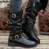 Fashion Pleated Buckle Strap Knight Boots Women Autumn Winter Brown PU Leather Mid Calf Boots Woman Zipper Thick Heel Riding Botas Mujer