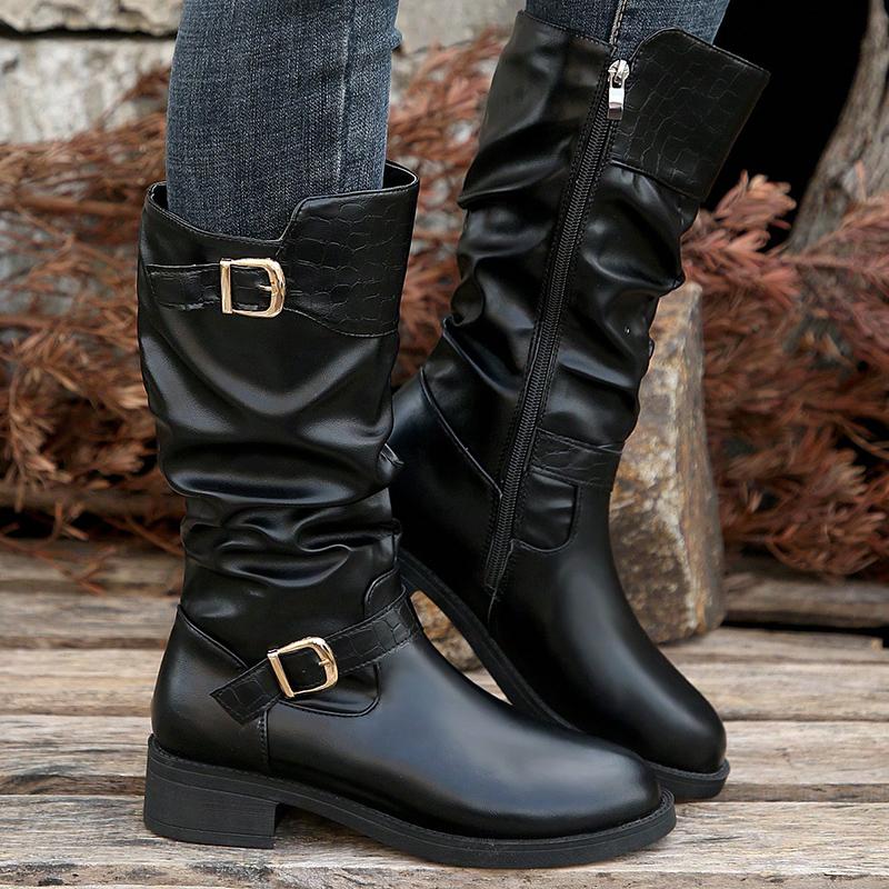Fashion Pleated Buckle Strap Knight Boots Women Autumn Winter Brown PU Leather Mid Calf Boots Woman Zipper Thick Heel Riding Botas Mujer