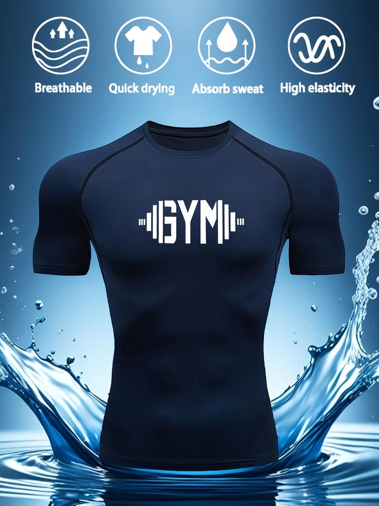 Men's White Compression T-Shirt with Black GYM Dumbbell Print Elastic Quick Drying Breathable Moisture Wicking Gym Workout & WeightliftingTraining Top