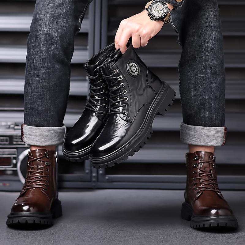 High Quality Leather Lace Up Ankle Shoe Outdoor Men Motorcycle Boots Autumn Winter Shoes Non Slip Warm Plush Fur Snow Boots