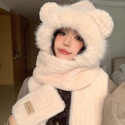 Winter Bear Hat Three-piece Set Schoolgirl Warm Bib Gloves Plush Hat