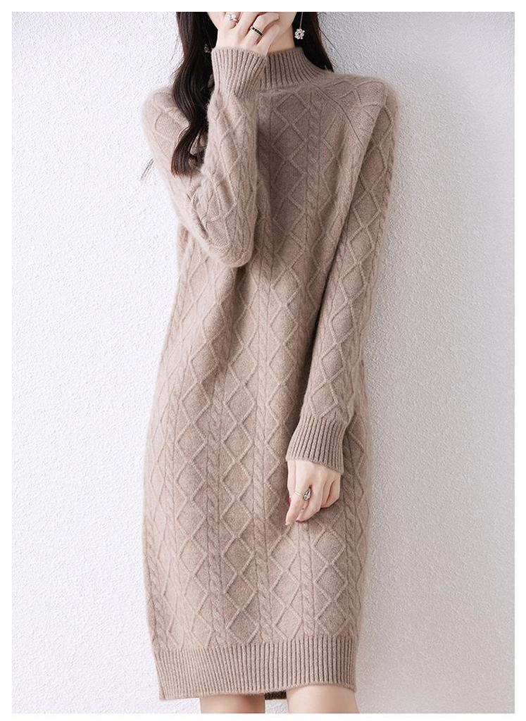 Women's Mid-Length Thickened Pure Wool Knitted Dress with Half-High Collar and Long Sleeves