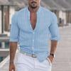Cămașă de in ușoară pentru bărbați, casual, cu nasturi, cu mânecă lungă, textură de lucru, tricou simplu, top pentru vacanță la plajă