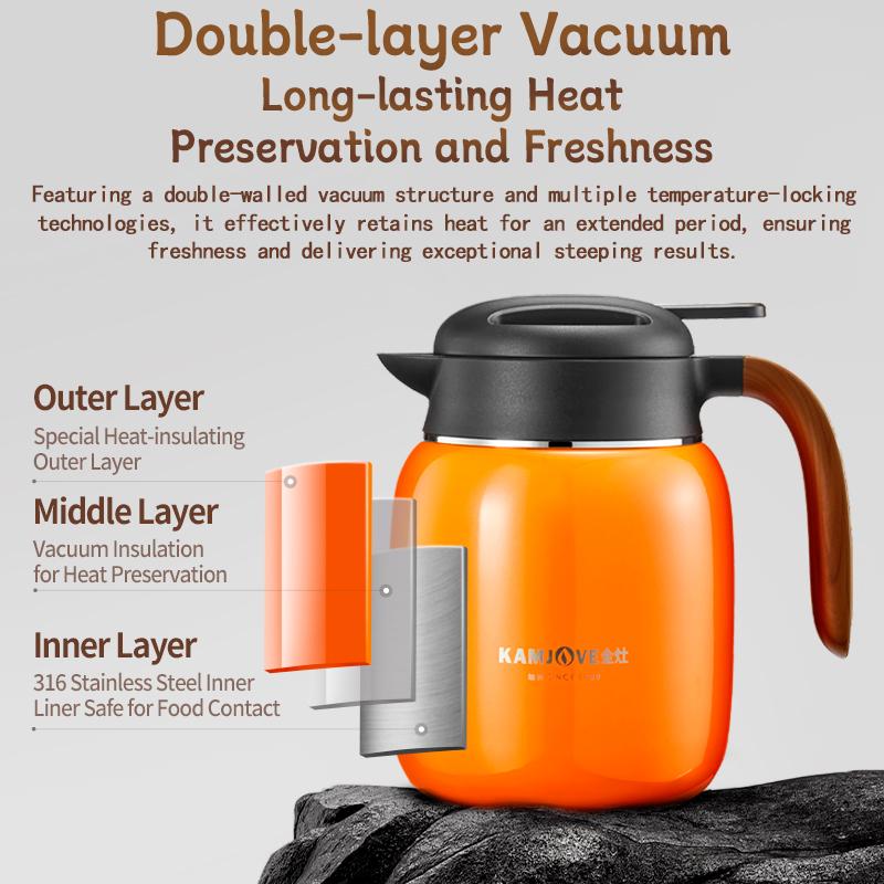 KAMJOVE Household Double-Layer Thermal Kettle Tea Set Suitable For Brewing Black Tea 316 Stainless Steel Liner Thermal Pot