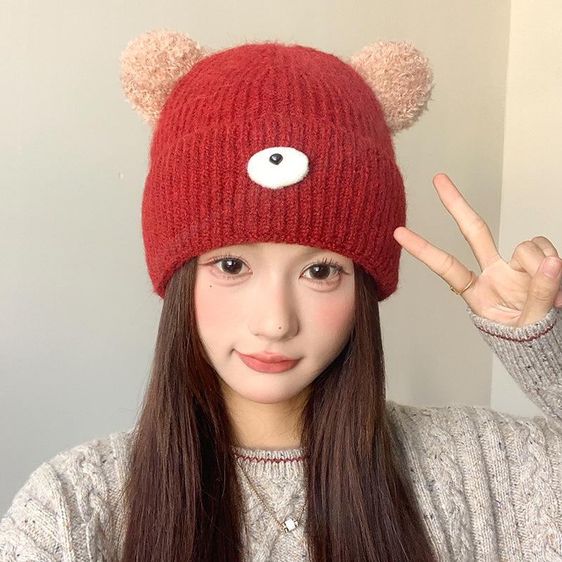 Japanese Cute Bear Hat Women's Autumn and Winter Knitted Hat Large Head Circumference Plus Velvet Cold Proof Woolen Hat Warm Ear Protection Hat