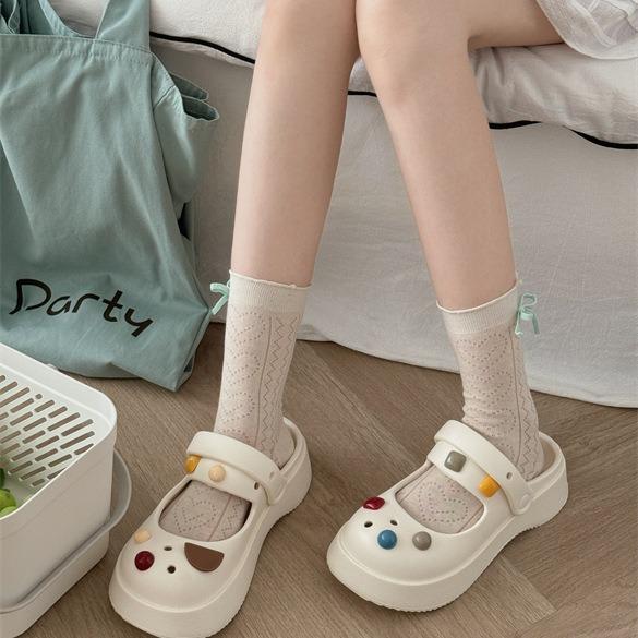 Sweet And Versatile Summer New High-Elastic Cotton Fungus Edge Love Hollow Macaron Bow Thin Socks