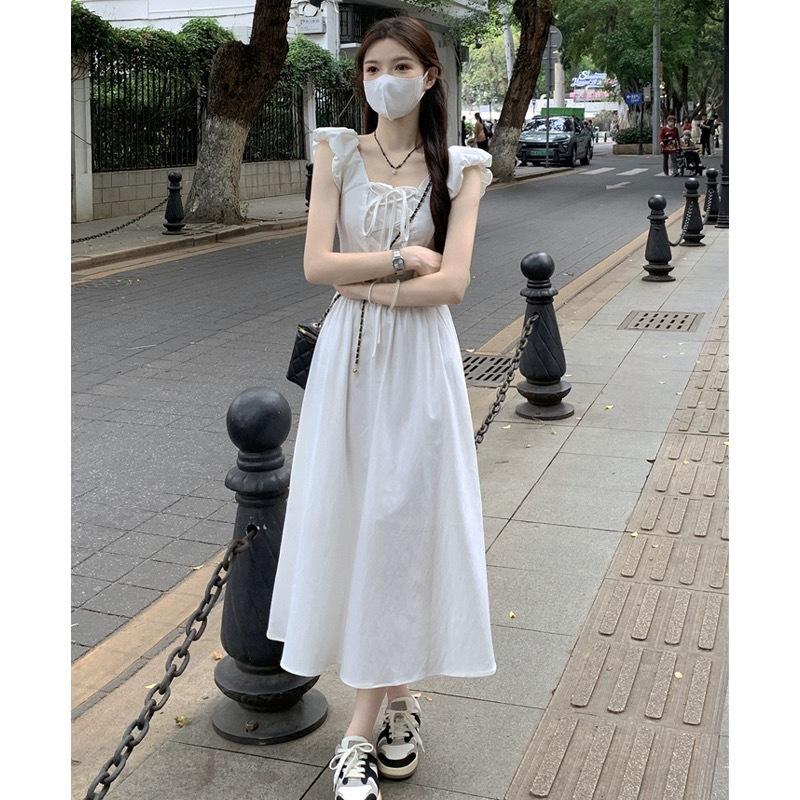 French white small flying sleeve dress women's summer temperament sweet first love style chic waist long skirt