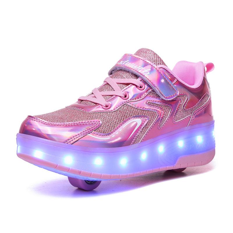 Children's Purple and White Convertible Four-Wheel Roller Shoes with Double-Wheel Hidden Skates
