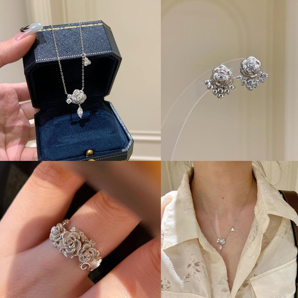 Elegant Women Jewelry Set French Vintage Rose Ring Camellia Necklace Diamond Stud Earrings
