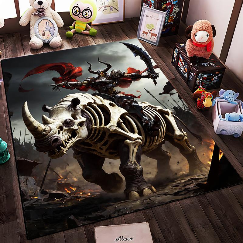 "Skeleton Rhino Warrior with Rider and Red Cloak Fantasy Carpet" Suitable for use as an anti-slip for living room bedroom sofas