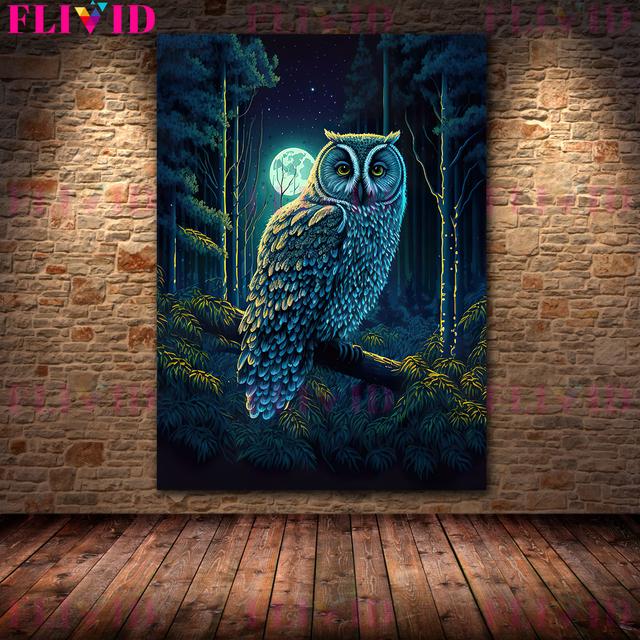 Geheimnisvolle Eulenkunst unter dem Vollmond, Wandölgemälde, magische Nacht, Katze, Kunstposter und Siegel