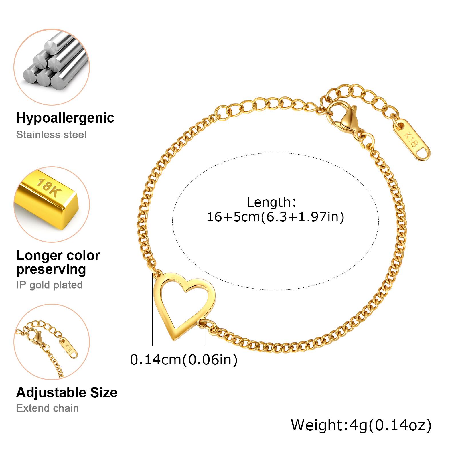 Open Heart Bracelet for Women, 18K Gold Plated Stainless Steel Thin Chain Bangle, Delicate Adjustable Heart Charm Jewelry