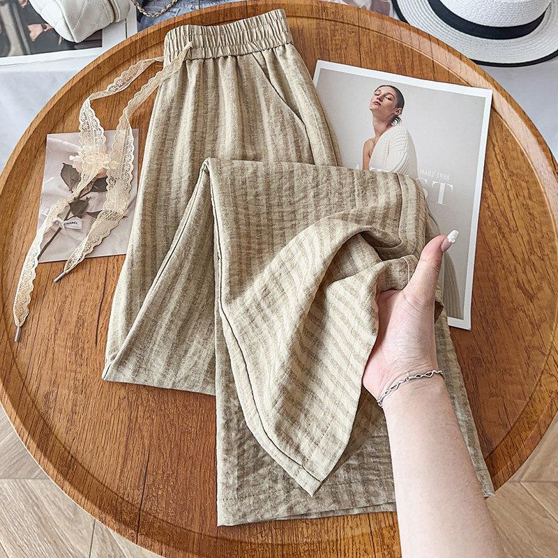 Fashion striped linen straight-leg pants women's 1116 summer new high-waisted slim tether casual wide-leg pants