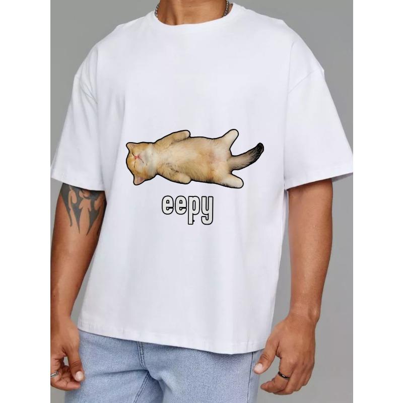 White T Shirt with Cat Lying Down and Eepy Text Print Casual Wear for Men and Women