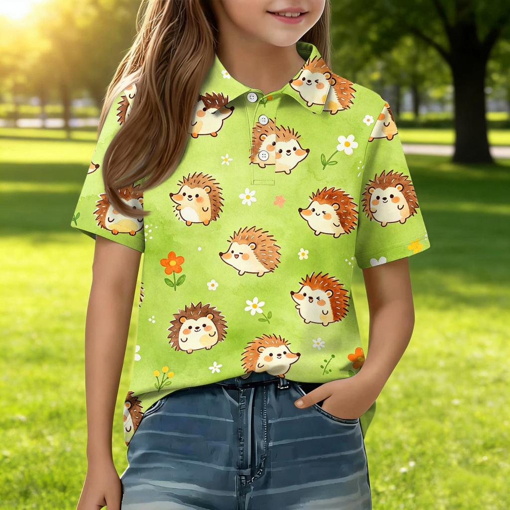 Kids Casual Short Sleeve Polo Shirt Animal Pattern Cartoon Print Lightweight Comfortable Soft Fabric Breathable Summer Top for Boys Girls