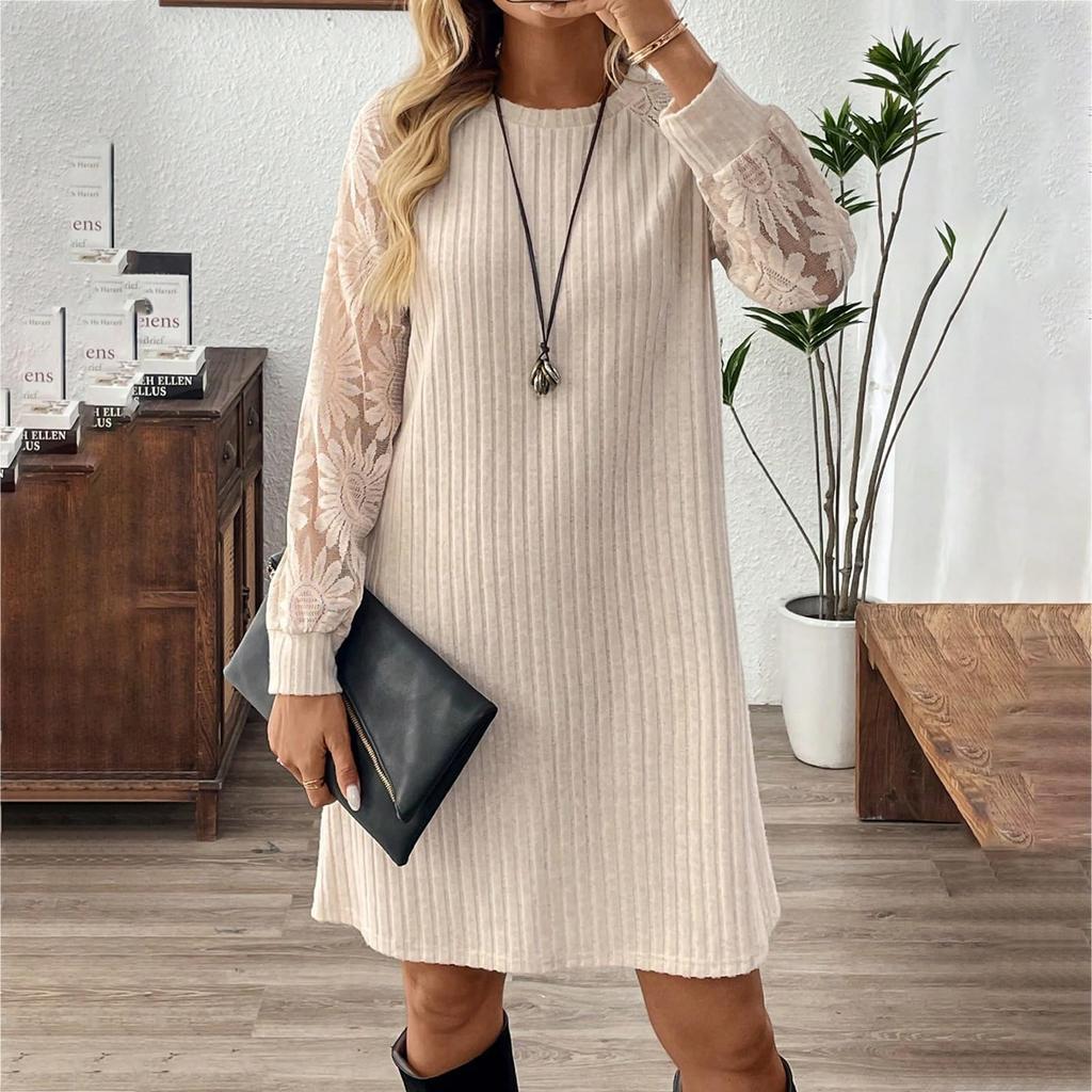 Women's Fashion Casual Round Neck Ribbed Lace-Up Pullover Long Sleeve Dress