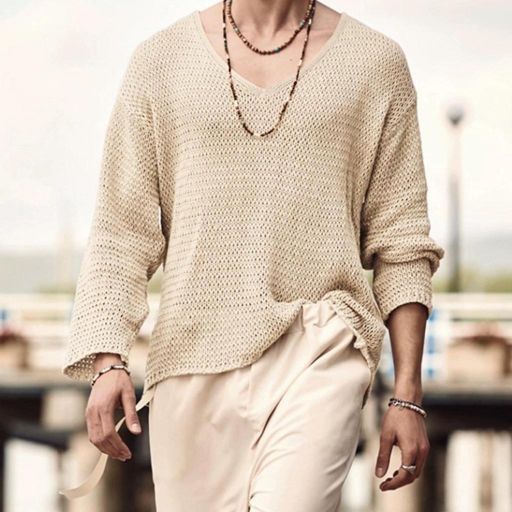 Maglia da uomo a V a maniche lunghe tinta unita vintage primaverile Maglione lavorato a maglia cavo da uomo morbido